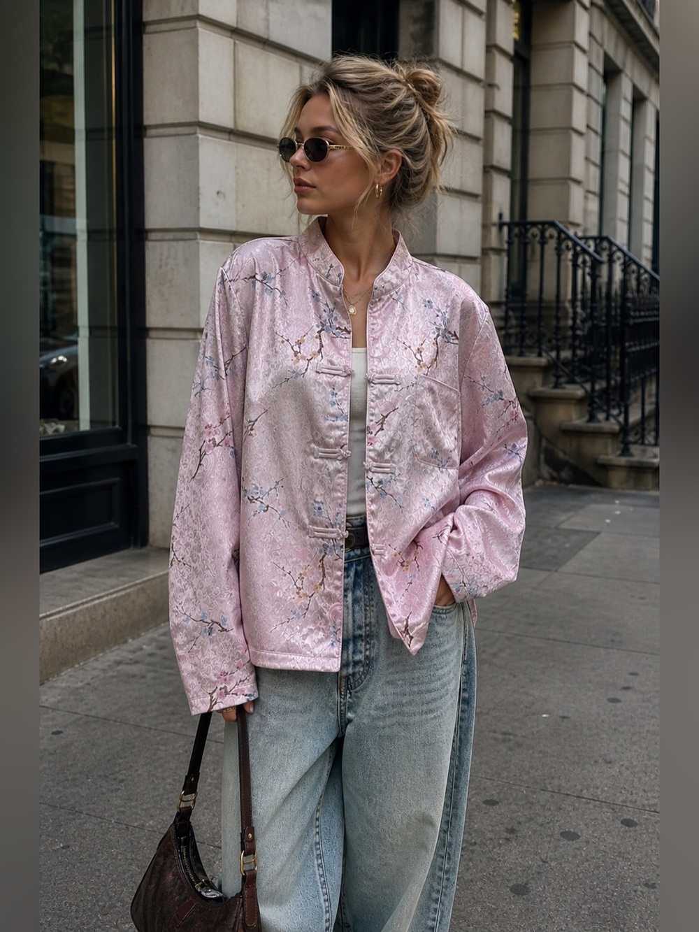 Robert Louis Pink Satin Brocade Jacket Cheongsam Coquette M Womens Blouse Asian